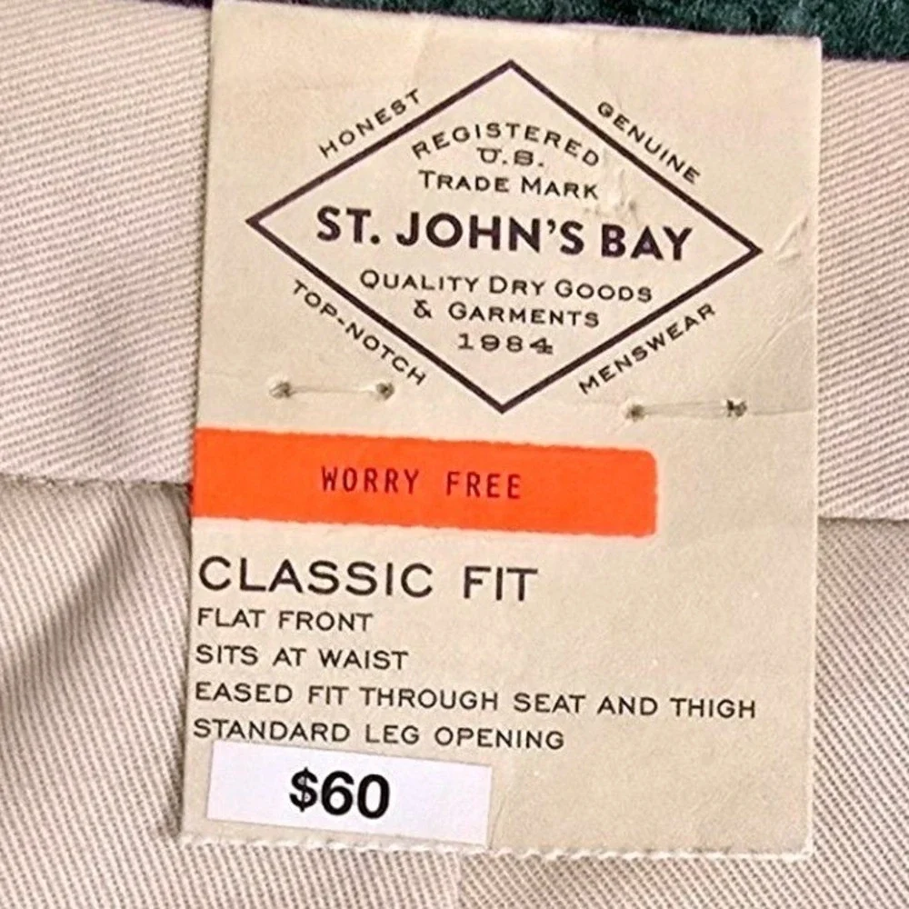 St Johns Bay Men's Worry Free Classic Fit Flat Front Pants 32x34 Stone Khaki NWT